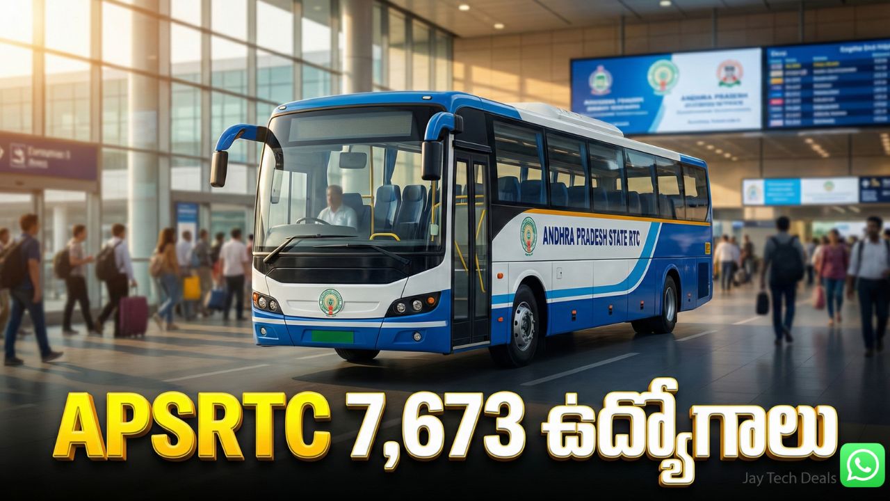 APSRTC Recruitment 2026 notification poster with a modern bus background and Telugu text saying "APSRTC 7,673 Jobs" with Jay Tech Deals watermark.