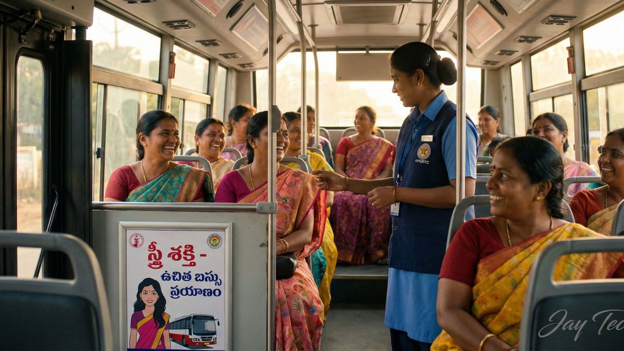 Cinematic photo of women passengers and a female conductor in an APSRTC bus representing Stree Shakti free bus travel scheme in Andhra Pradesh.
