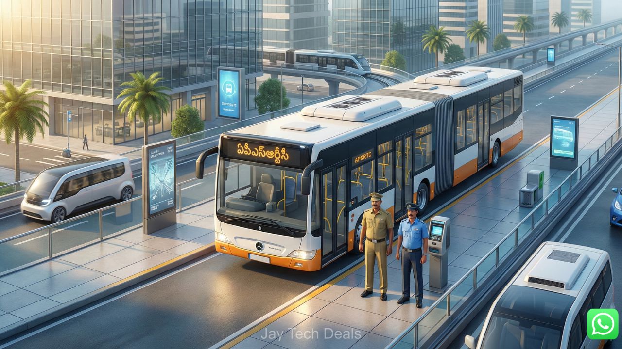 3D isometric illustration of APSRTC driver and conductor with a futuristic bus and Jay Tech Deals branding for job notification details.