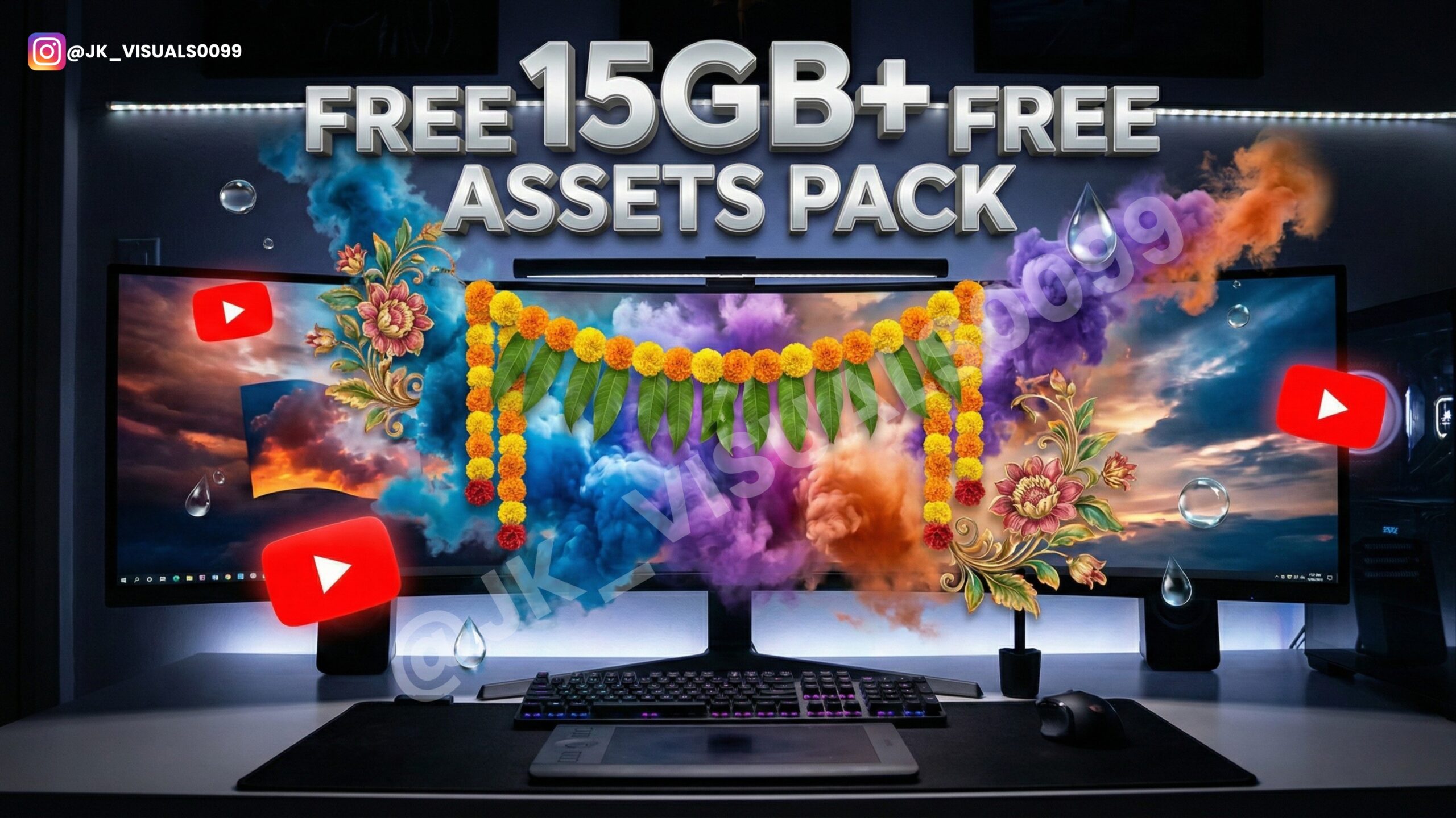 15GB Free Graphic Design Assets Pack showing explosion of wedding PNGs, YouTube icons, smoke effects, and 3D text on a designer workspace